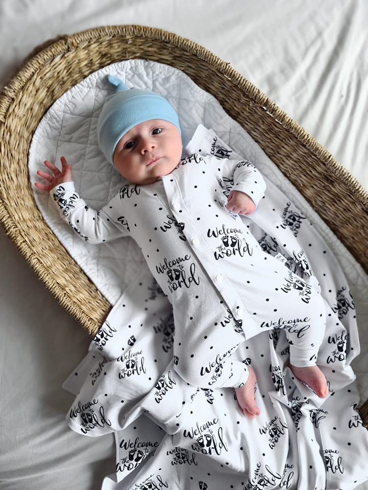 baby boy home coming outfit - Lottie & Lysh Welcome to the world babygrow with baby blue accents and matching hat