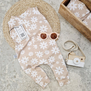 beige floral printed sleeveless baby and toddler romper