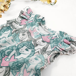 custom ruffle sleeves in organic candy unicorns fabric