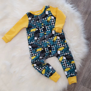 Handmade toucans printer romper for babies and toddlers - made by Lottie & Lysh