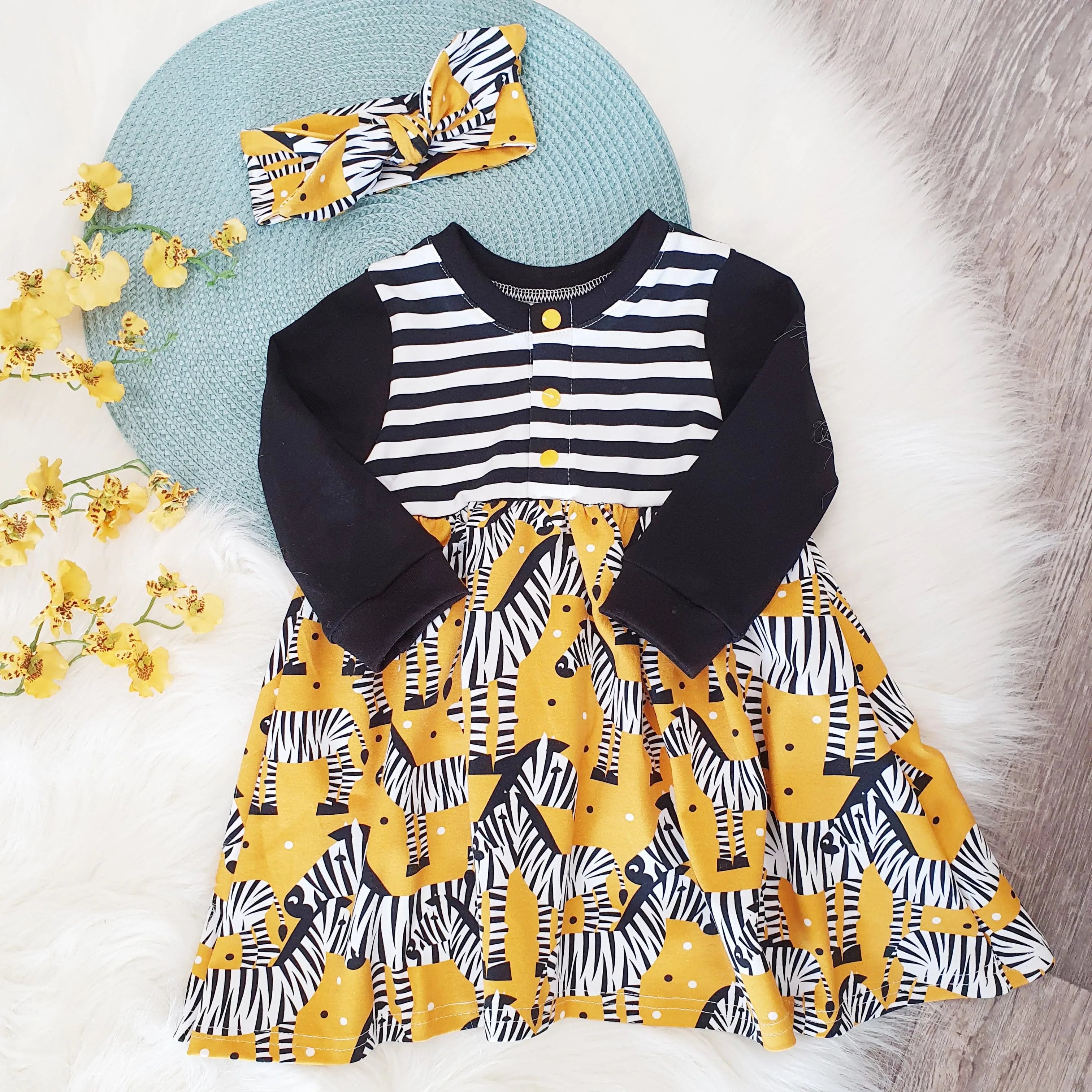 Mustard Zebra Popper Top Baby Toddler Dress Handmade UK