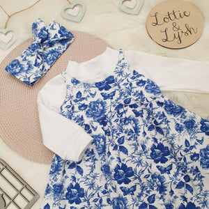 Blue and white floral summer toddler dress. Handmade in the UK by Lottie & Lysh