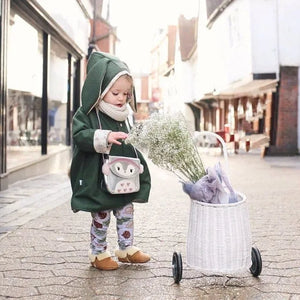 Toddler girls bunny jacket in green wool and floral. Handmade in the UK by Lottie & Lysh