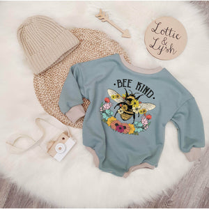 cute printed sweat romper by Lottie & Lysh. Ethically produced children's clothing. 'Bee Kind' printed slogan