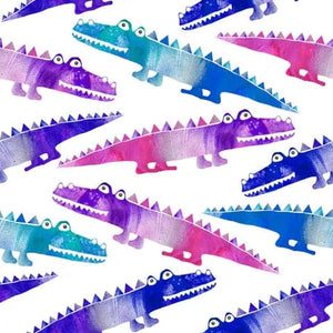 pink blue and purple crocodiles printed jersey by Lottie & Lysh