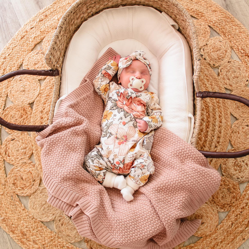 New baby girl wearing Chamomile Rose Romper & Headband set