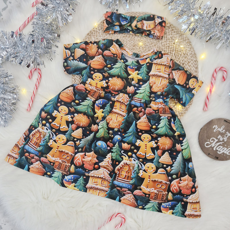 toddler girls christmas dress with gingerbread man print and xmas elements