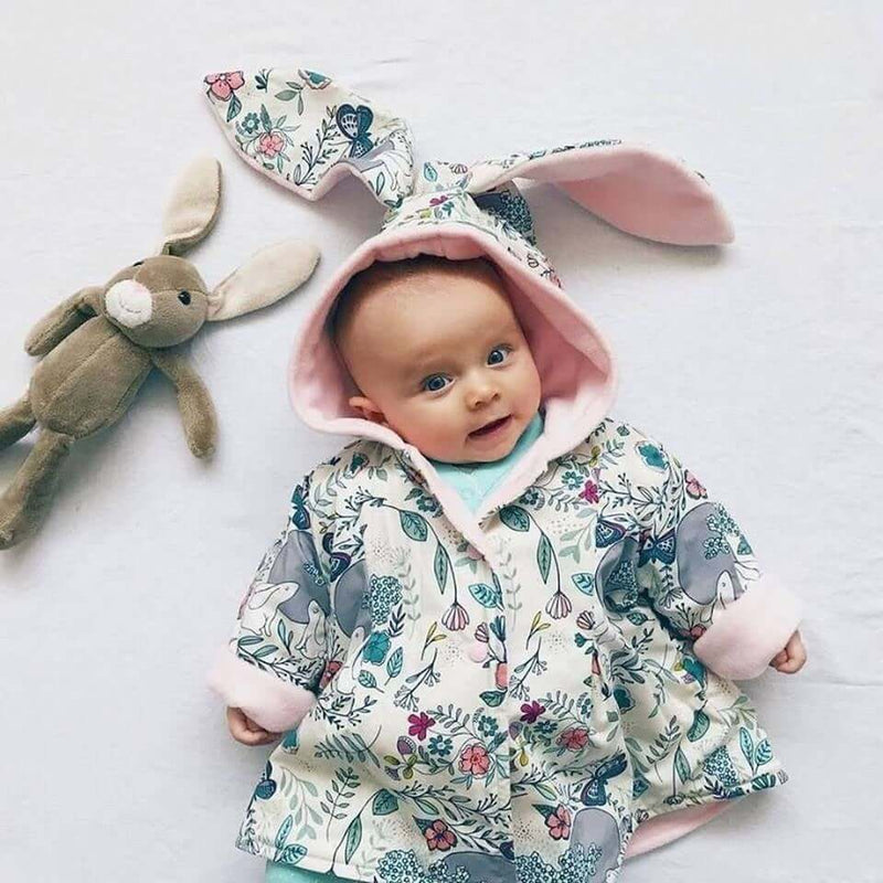 Lottie & Lysh signature bunny jacket for babies and toddlers. Handmade in the UK in our Spring Scents and baby pink fleece combination