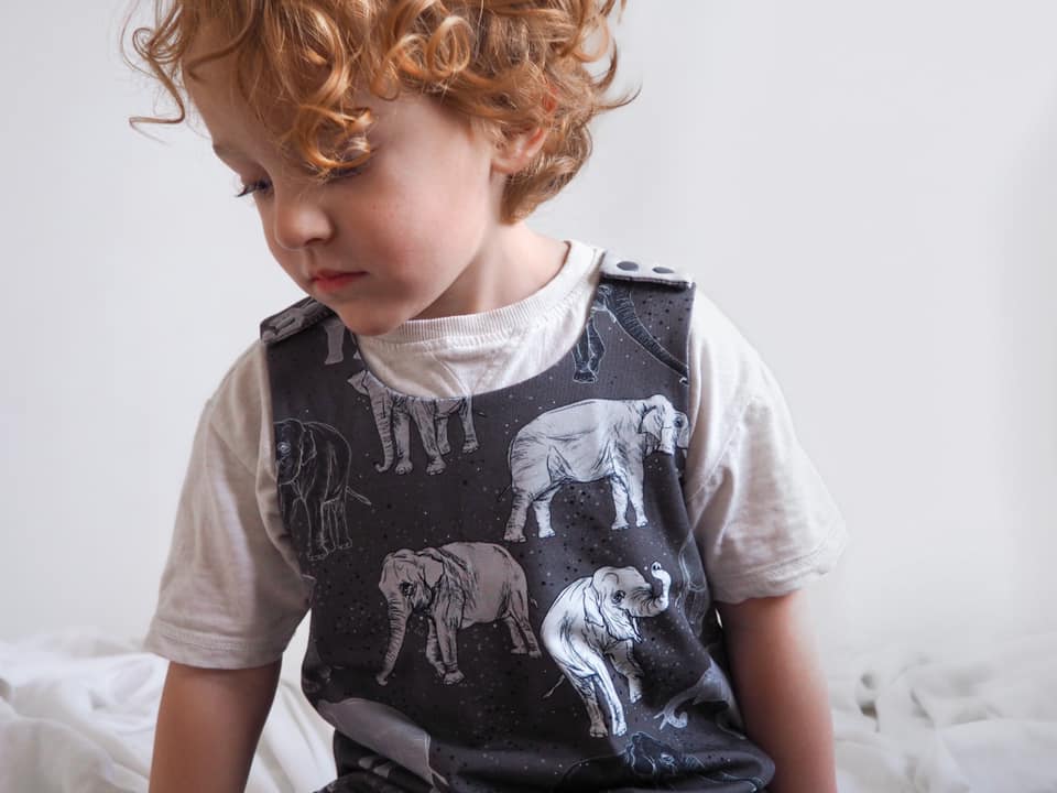 elephant print baby and toddler dungarees by Lottie & Lysh