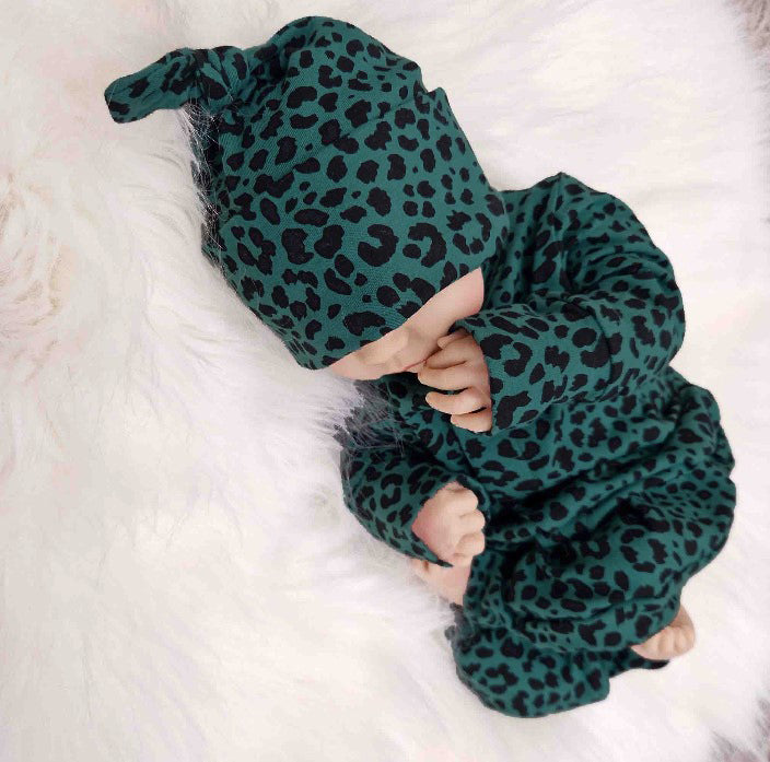 unusual baby gifts by Lottie & Lysh. Emerald leopard baby romper with matching hat
