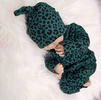 Green leopard print romper for newborn with matching hat