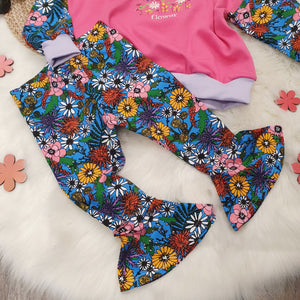 Retro floral printed baby and toddler flared trousers by Lottie & Lysh