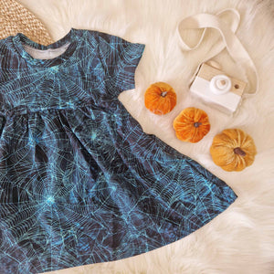 black and blue spiderweb print dress for babies and toddlers