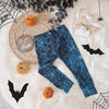halloween leggings for babies and toddler featuring a blue spiderweb design against a black background