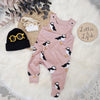 puffin printed baby dungarees and black hat outfit
