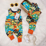 scandi inspired toddler dungarees in rainbow colours
