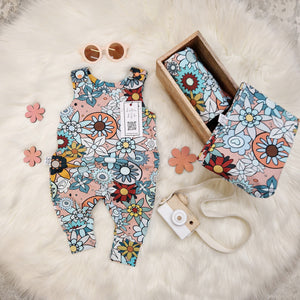 handmade baby outfit featuring a hand drawn retro, floral print design by Lottie & Lysh