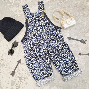 blue and black leopard print dungarees for toddlers by lottie and lysh