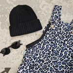 cord leopard print dungarees with black beanie hat by lottie and lysh uk