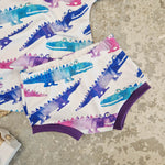 handmade t-shirt and shorts set for kids with crocodile print and purple accents