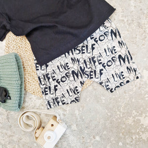 live life for myself graffiti print shorts by Lottie & lysh