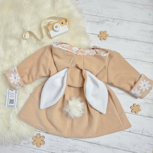 girls beige wool coat with floral lining and bunny ears on hood