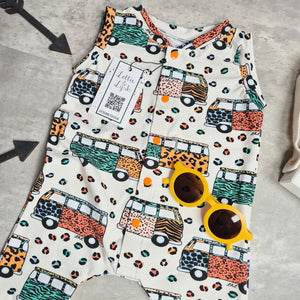 campervan and leopard print romper for babies and toddlers