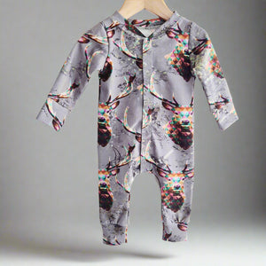 grey babygrow featuring a geometric stag head print