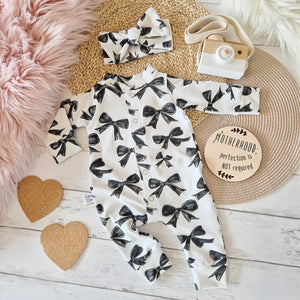 black and white bow print baby romper