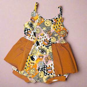 70s print ballerina romper for baby girls and toddlers