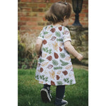 Grey toddler and baby dress with brown, gold and green leaf print design