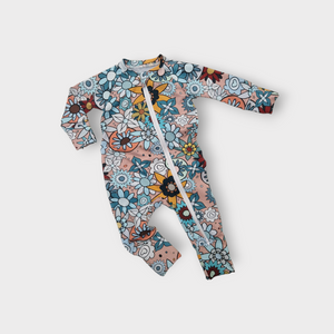 bright retro 60s inspired floral print babygrow with zip