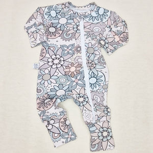 pastel retro floral printed zipped sleepsuit for baby girls