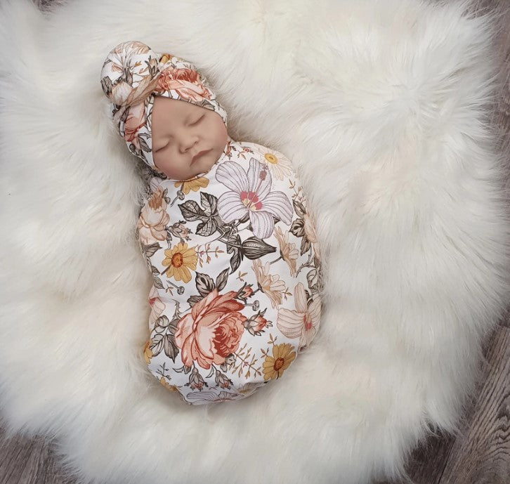 Donut headwrap and swaddle set in floral for newborn baby girl