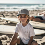 kids white surf t-shirt with printed motif and slogan