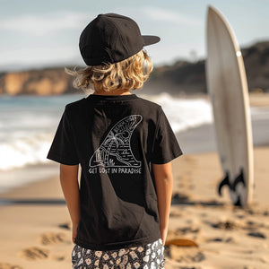 Kid's surf t-shirt. Black. Get lost in paradise