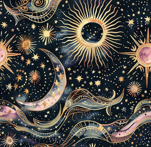 Midnight batik celestial themed jersey fabric