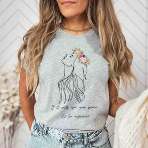 Women's mental health care t-shirt. Grey with floral illustration and 'If it costs you your peace it is too expensive' slogan