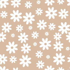 neutral flower printed jersey fabric in beige, for use in childrens clothing by Lottie & lysh