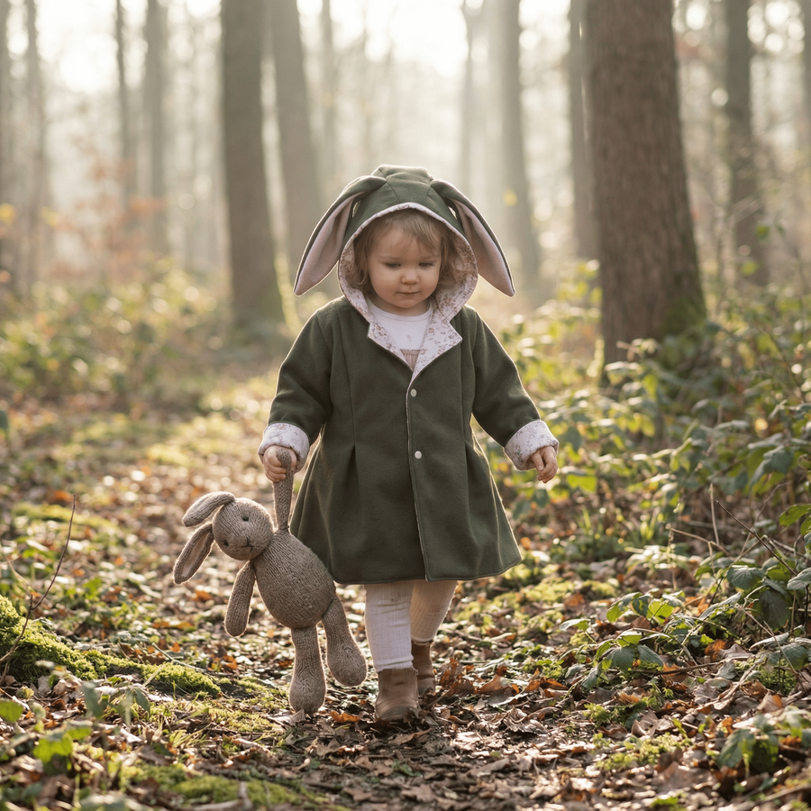 Girls Bunny Jacket | Olive Vegan Wool & Vintage Fleur