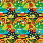 scandi style jersey fabric from lottie & lysh feauturing bright primary colour rainbows, mushrooms and trees