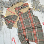 christmas tartan baby and toddler romper with matching headband, hat and bib