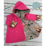 handmade children reversible jacket featuring cute woodland creature and pink fleece