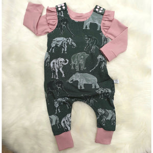 Organic elephant print child and baby dungarees