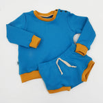 retro colourblok blue sweatshirt and matching toddler shorts with mustard trims