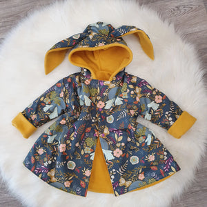 Floral bunny jacket with mustard lining handmade in the UK by Lottie & Lysh