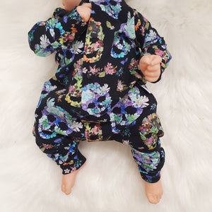 floral skull printed baby romper with popper