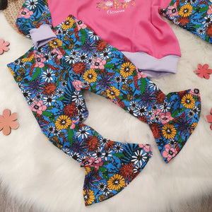 Stay wild flower embroidered sweatshirt and flares clothing set for kids
