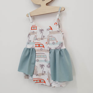 Cute baby girl romper with seaside and camper printed jersey and blue accents