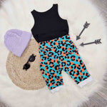 leopard print kids cropped trousers in blue and orange